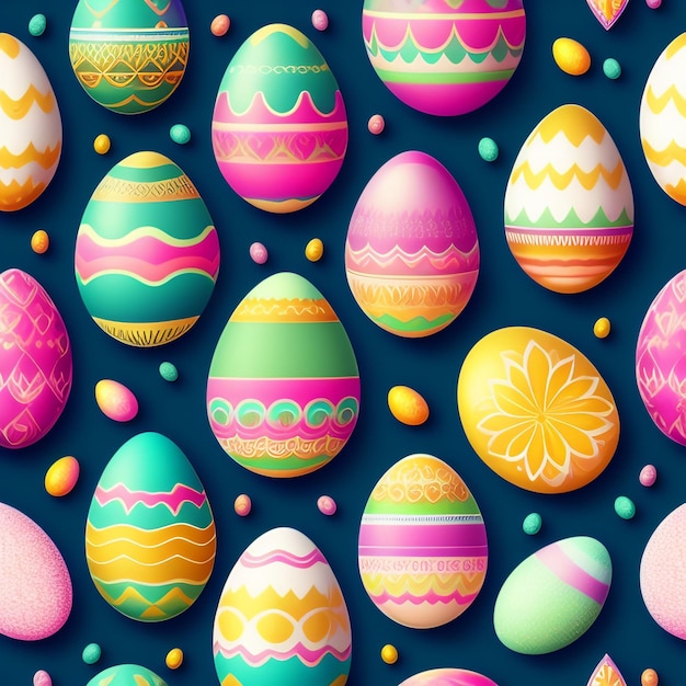 Un fondo colorido con un patrón de huevos de Pascua.