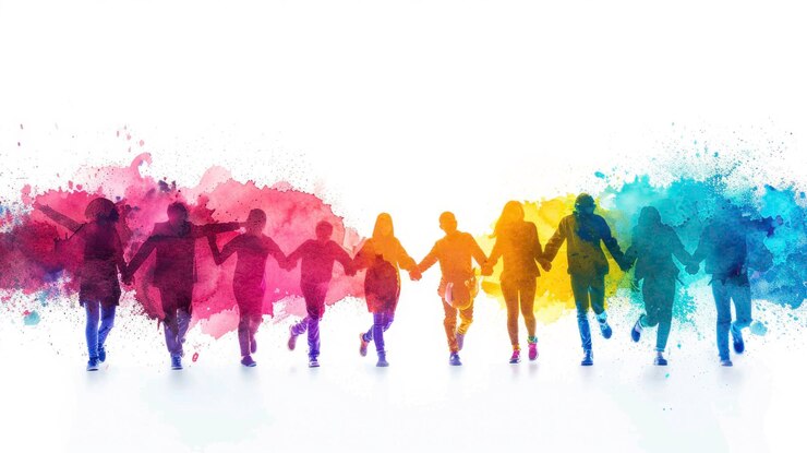 Foto un fondo colorido con personas levantando las manos en el aire