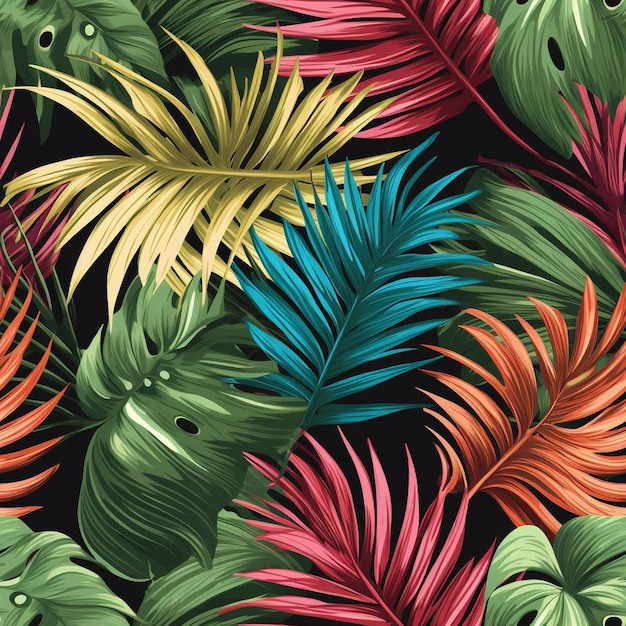 Un fondo colorido con plantas tropicales y un patrón tropical verde y rojo.