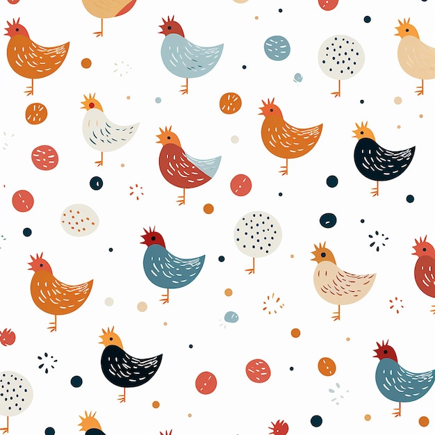 un fondo colorido con pollos y círculos con un patrón de puntos y puntos
