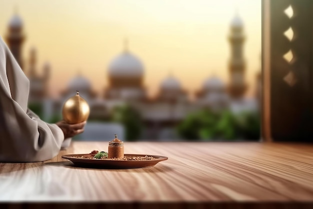 Foto fondo colorido de ramadán con mezquita ai generativa