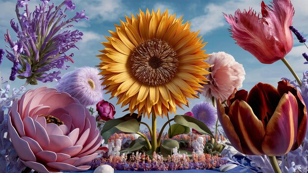 Foto fondo colorido con un ramo de hermosas flores en flor en un jarrón creado por la ia