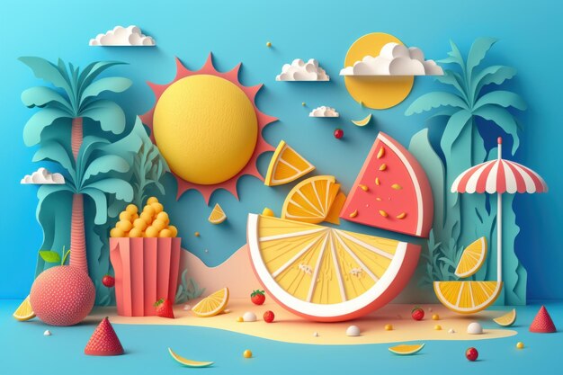 Fondo colorido del tiempo festivo de verano en estilo artesanal de papel IA generativa