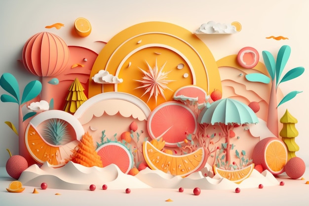 Fondo colorido del tiempo festivo de verano en estilo artesanal de papel IA generativa