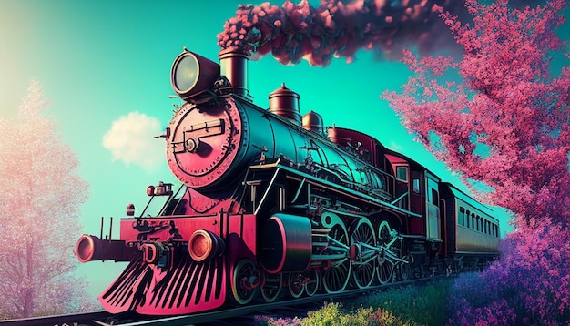 Fondo colorido con tren de vapor en la primavera IA generativa