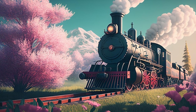 Fondo colorido con tren de vapor en la primavera IA generativa