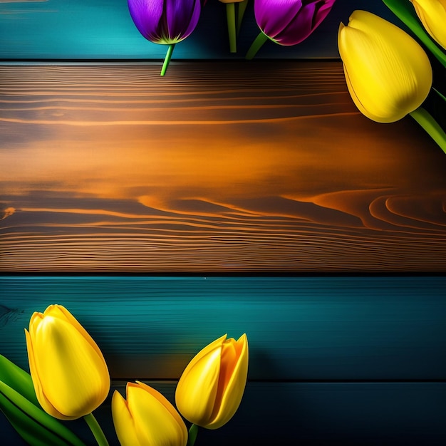 Un fondo colorido con tulipanes amarillos y morados y una tabla de madera.