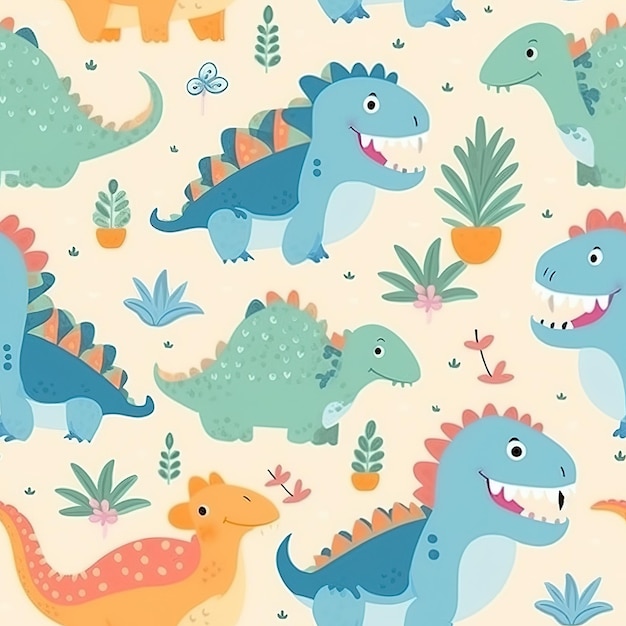 Un fondo colorido con una variedad de dinosaurios.