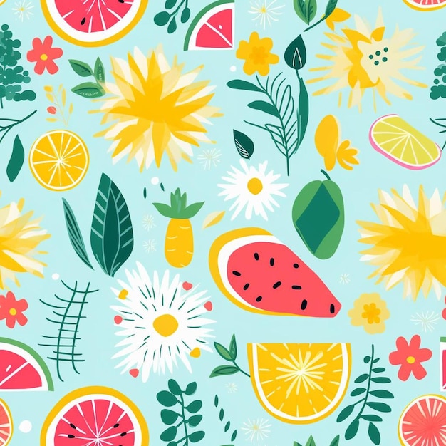 Un fondo colorido con una variedad de frutas y flores.