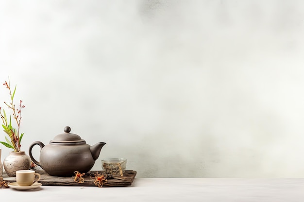 Fondo de comida asiática en piedra blanca con juego de té y un amplio espacio para el texto