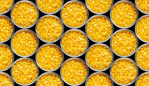 Fondo de comida sin costuras de vista plana de latas abiertas con maíz dulce aislado sobre fondo negro Trazado de recorte agregado