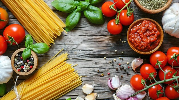 Fondo de comida Fondo de comida italiana con pasta ravioli tomates aceitunas y albahaca