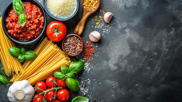 Fondo de comida Fondo de comida italiana con pasta ravioli tomates aceitunas y albahaca