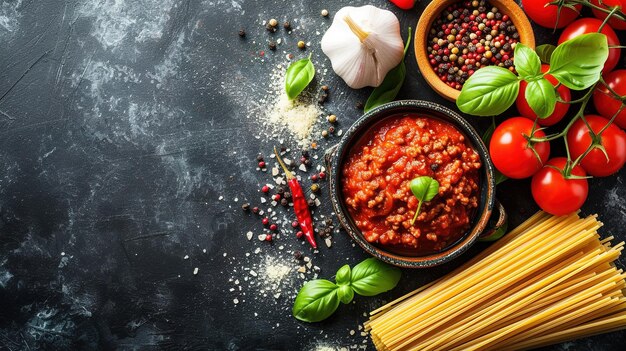 Fondo de comida Fondo de comida italiana con pasta ravioli tomates aceitunas y albahaca