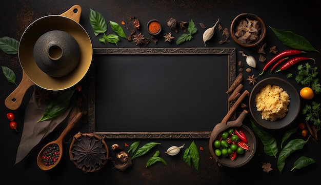 Fondo de comida de ingredientes de cocina asiática para cartel de presentación de maqueta Madera y fondo negro