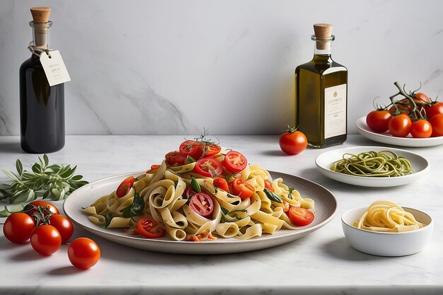 Fondo de comida italiana en la mesa de la cocina blanca