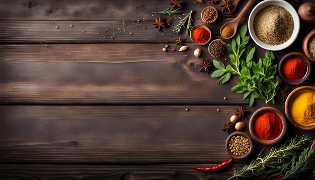 Fondo de comida en una mesa de madera marrón oscuro Hierbas y especias en una vieja mesa de madera vista superior