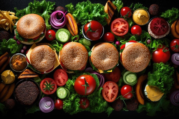 Fondo de comida rápida Vista superior de deliciosas hamburguesas con papas fritas y verduras frescas