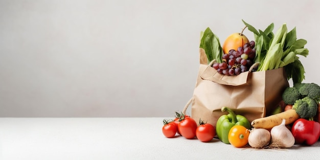 Fondo de comida saludable de entrega Comida vegetariana vegana saludable en bolsa de papel verduras y frutas en pancarta de espacio de copia blanca Supermercado de comida de compras y concepto de alimentación vegana limpia