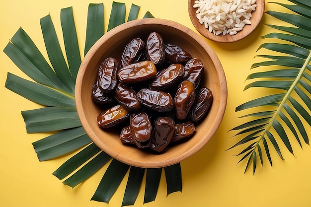 Fondo de comida saludable de Ramadán con hojas de palma y frutas secas para el fondo de la foto de iftar