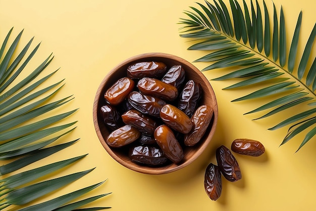 Fondo de comida saludable de Ramadán con hojas de palma y frutas secas para el fondo de la foto de iftar