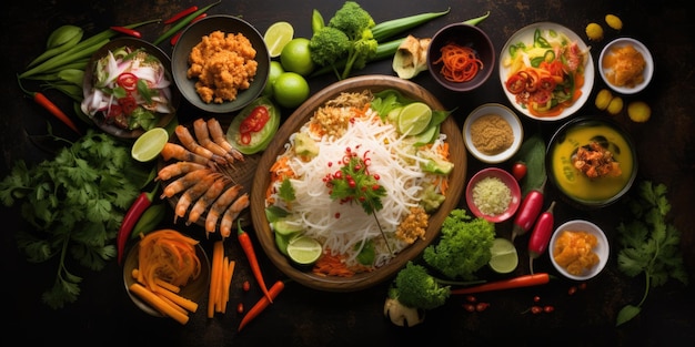 Fondo de comida tailandesa Platos de la cocina tailandesa Tom yum tom kha gai pad thai fideos arroz frito