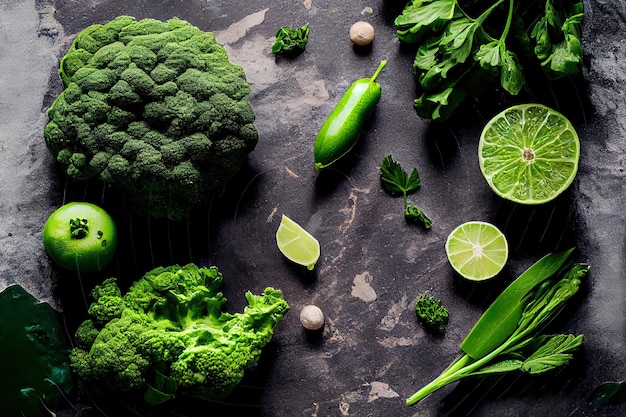 Fondo de comida verde de verano en la mesa de piedra