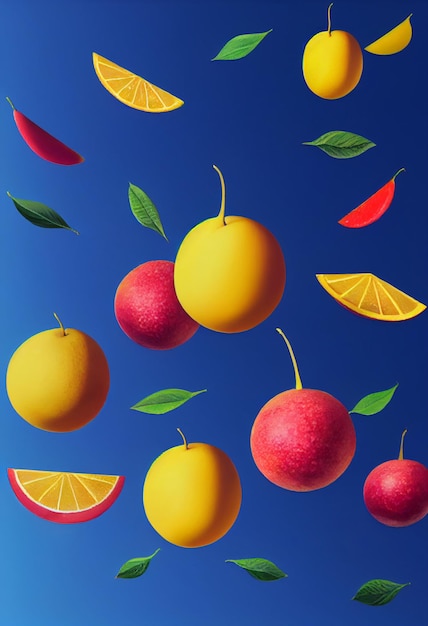 Fondo de composición de fruta que cae manzanas naranjas y otras frutas