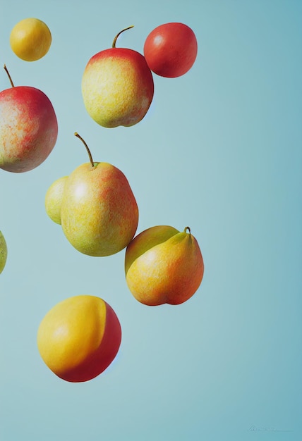 Fondo de composición de frutas que caen manzanas naranjas y otras frutas ilustración 3D