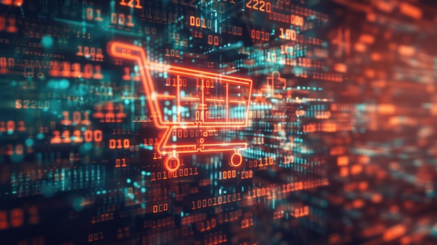 Un fondo de compras en línea atmosférico con un icono de carrito de compras holográfico rodeado de d