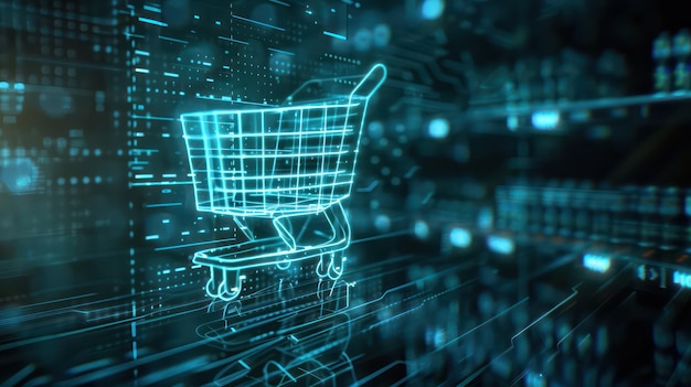 Un fondo de compras en línea futurista con un icono de carrito de compras holográfico incrustado con bacalao