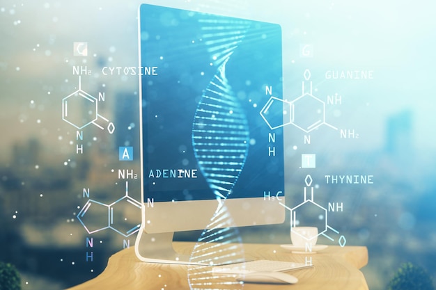 Fondo de computadora de escritorio y dibujo de ADN Concepto de ciencia de doble exposición