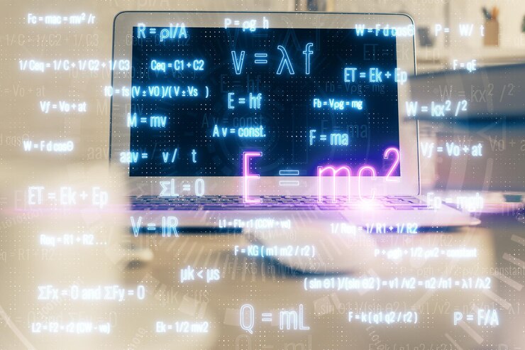 Foto fondo de computadora de escritorio y escritura de holograma de fórmula concepto de educación de doble exposición