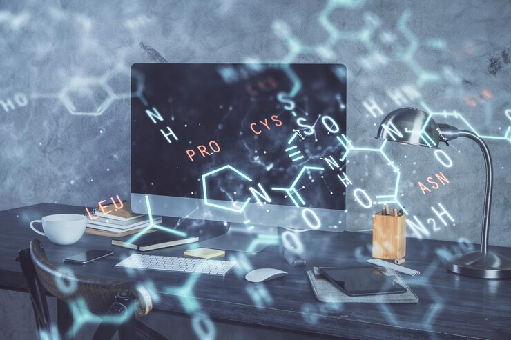 Foto fondo de la computadora de escritorio y escritura de hologramas de fórmulas doble exposición concepto de educación