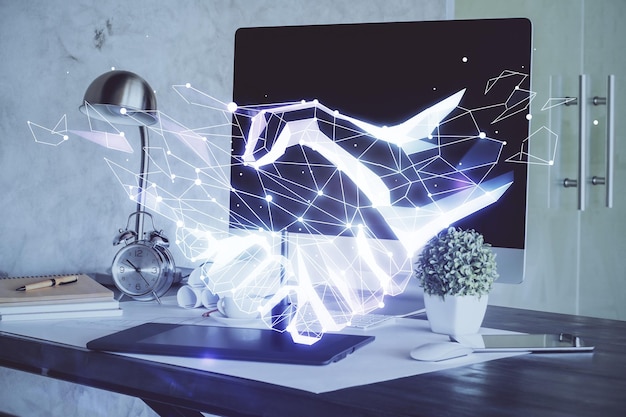 Fondo de computadora de escritorio en la oficina y dibujo de holograma de apretón de manos Concepto de Pertnership de doble exposición