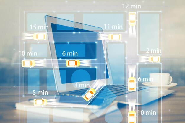 Fondo de computadora de escritorio en la oficina con dibujo de holograma de automóvil Concepto tecnológico de exposición múltiple