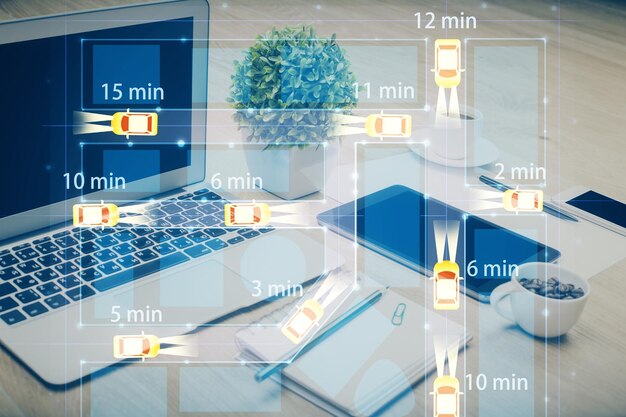 Fondo de computadora de escritorio en la oficina con dibujo de holograma de automóvil Concepto tecnológico de exposición múltiple