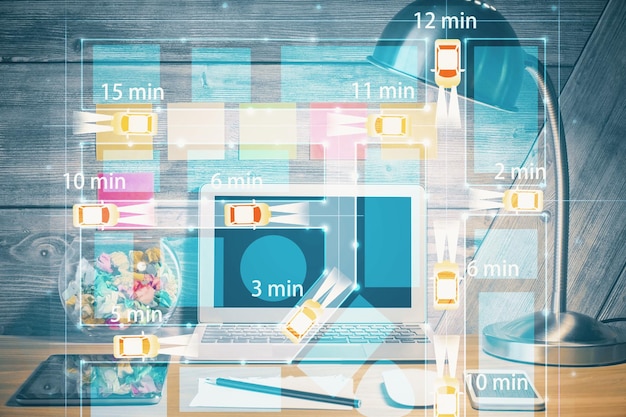 Fondo de computadora de escritorio en la oficina con dibujo de holograma de automóvil Concepto tecnológico de exposición múltiple