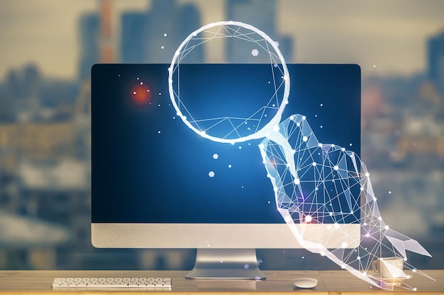 El fondo de la computadora de escritorio en la oficina y el dibujo de hologramas temáticos de arranque Concepto de arranque de doble exposición