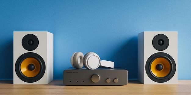 Foto fondo del concepto de altavoz de audio de estantería para escuchar música renderización 3d