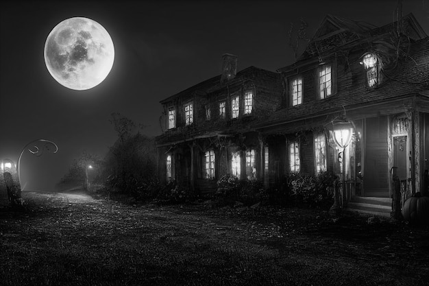 Fondo de concepto de Halloween de casa de terror realista y calle espeluznante con luz de luna