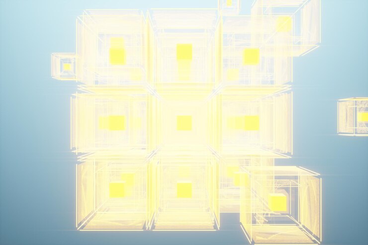 Foto fondo de concepto de neón creativo blockchain. criptografía, capacidad de aprendizaje de la inteligencia artificial, redes neuronales. los bloques holográficos se ensamblan en una matriz. ilustración 3d, representación 3d.