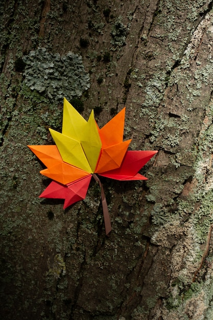 Fondo de concepto de otoño artesanía de papel tradicional origami hecho a mano hojas de arce caídas naturaleza Imagen de fondo colorida perfecta para uso estacional