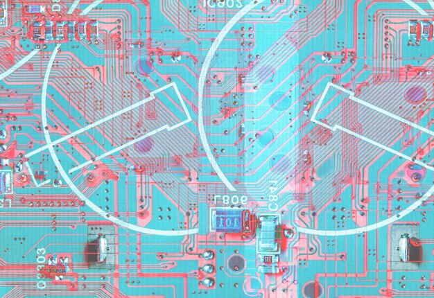 Fondo de concepto de tecnología de microchip con elementos electrónicos de placa de circuito. Patrón abstracto para tecnología informática, ilustración informática integrada en la placa base.