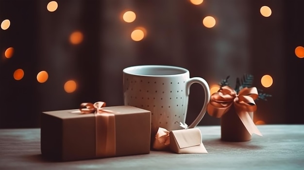 Fondo de concepto de vacaciones del día del padre Caja de regalo con taza de café