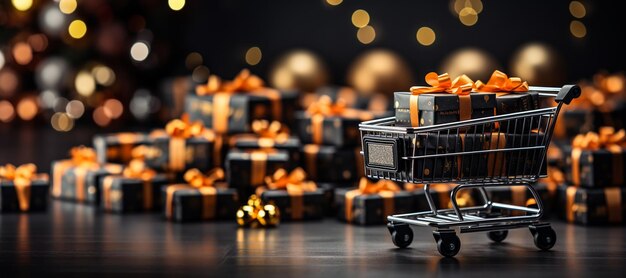 Fondo del concepto de viernes negro Concepto de compras en línea de viernes negro con carrito y regalos