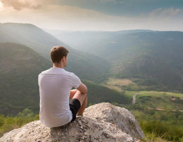 fondo conceptual hombre sentado en una roca con vistas a las montañas