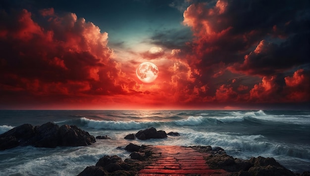 Foto fondo conceptual de mar o amanecer cielo dramático con nubes rojas brillantes bellos papeles de pared de paisaje