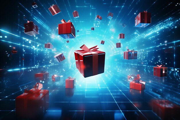 Fondo conceptual de ventas de compras de Cyber Monday con cajas de regalo rojas en ai generativo azul