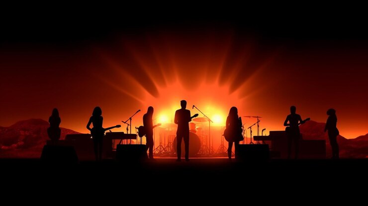Fondo de concierto de música con siluetas de músicos en el escenario generativo ai